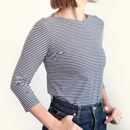 【長袖】【フランス製生地 使用】形にこだわった フレンチボーダー ボートネックTシャツ【カラー・サイズ展開有】の画像