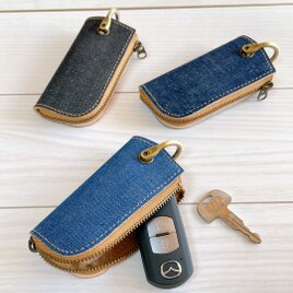 岡山デニム　本革　スマートキーケース キーケース　ファスナー付き　 インディゴ　ブラックの画像