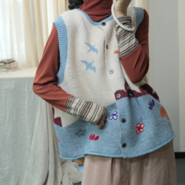 ☆受注制作☆秋冬.コットン/綿ニットベスト.ウール.手編みノースリーブニットベスト ゆったり.カワイ.通勤の画像