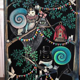 「ようこそ！ねこつむりの世界へ」F6サイズ アート作品 原画 徳島洋子作品 アクリル画の画像