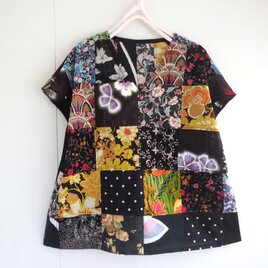 【値下、夏を先取りクリアランス】フレンチブラウス　Ⅴネック　パッチワークBBの画像