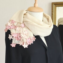 【受注制作】オヤレースの花付き 薄手パシュミナストール「桜」バニラ・クリームの画像