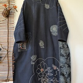 古布リメイク 久留米絣と型染のギャザーワンピース 藍染 型染 久留米絣  