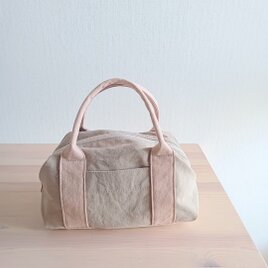 ヴィンテージ加工帆布のキャラメルハンドバッグ　《ベージュ×ピンクベージュ》の画像