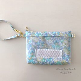 【リバティ】透明窓付き、マチありポーチ（キラキラミシェル・クリスタルライム）ラミネート・推し活⭐︎の画像