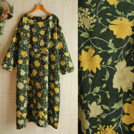 グリーン アンティークフラワー ワンピース シャツコール コーデュロイ 花柄  綿100％ 大きいサイズ 3L 4L 送料無料