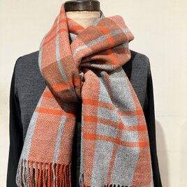 カシミヤストール　大判　オレンジチェック①