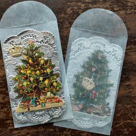mini christmas set♪USAグラシン封筒＋USAレースペーパー＋ツリーのクロモス＋王冠ドレスデンモチーフの画像