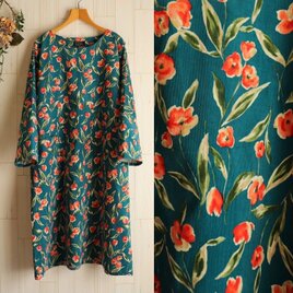 身幅60㎝ 赤い花柄 ワンピース シャツコール ポケット付き ボタニカルフラワー ブルー系 綿100％ 送料無料
