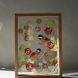 光透ける切り絵＊サルトリイバラとヤマガラの画像