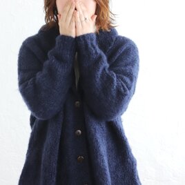 新色＊ふんわり軽いリアルモヘア 手編みジャケット 襟付きニットカーディガン （ネイビー）npcl04