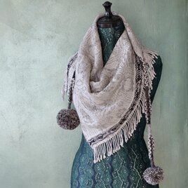 手織り オーバーショット織 ポンポンマフラー Handwoven TMMS24165の画像