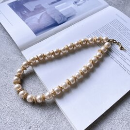 N252-ヴィンテージネックレス・U.S.A.  Glass Pearl Gold Tone Short Necklaceの画像