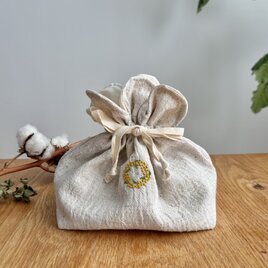ミモザ刺繍のランチ巾着/お弁当袋の画像