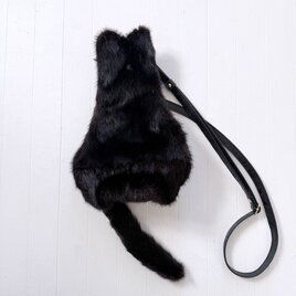 黒 猫 リアル ファー ブラック ミンク 革 レザー ペイズリー グレージュ  ショルダー しっぽ付き