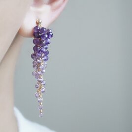 【ピアス／イヤリング】「藤の花」アメジスト 天然石 誕生石 14kgf 紫 パープル じゃらじゃら ロングの画像