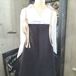 【sale】【背中がかわいい】エプロンドレス：ブラック×リネン【0697】の画像