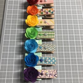 ペーパークイリング　バラのウッドクリップ  7色
