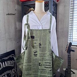 【sale】【後姿が素敵】エプロンドレス：newspaper：グリーン【0799】の画像