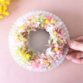 選べるサイズ）桜色とライム色のミニリース　ふわふわ　プリザーブドフラワー　の画像
