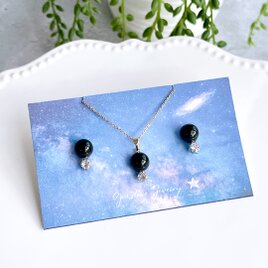 漆黒の宇宙Ⅱ✧モリオンお守りピアス＆ネックレスset（ラウンド）✧GALAXY✧プチネックレス＆ピアス✧サージカルステンレス製の画像