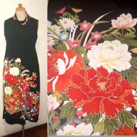 着物リメイク★牡丹・草花模様の刺繍が素敵なアンティーク留袖ハイネックワンピース★ハンドメイド・留袖リメイク・・の画像
