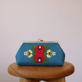 ターコイズブルーリネン　花刺繍　ポーチLの画像