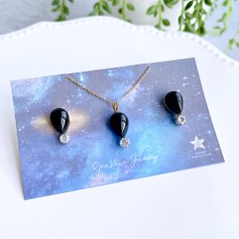 漆黒の宇宙Ⅱ✧モリオンお守りピアス＆ネックレスset（ペアシェイプ）✧GALAXY✧サージカルステンレス製の画像
