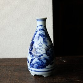 【特価¥2200→¥1100】染付山水で素敵◆九谷焼　ベロ藍染付金彩徳利　酒器　骨董/antiques インテリア 明治期の画像