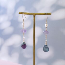 14KGF フローライトの3連ロングピアス イヤリングの画像