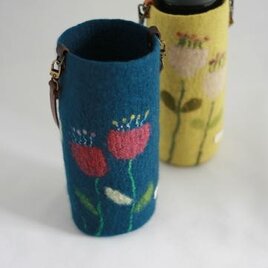 花・青色 フェルトのドリンクバッグ（水筒カバー）＊Lサイズ＊の画像