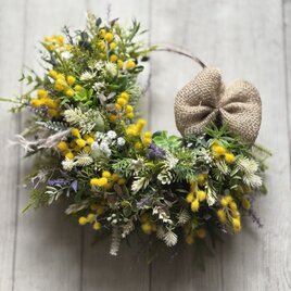 ⭐️花粉が気にならない⭐️ ふんわりミモザとラベンダーとグリーンのリース　　〜アーティフィシャルフラワー〜の画像