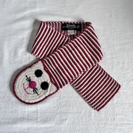 ＜KIDS＞　ネコちゃんモチーフマフラー　レッド×オフホワイト　ベビーアルパカ100%