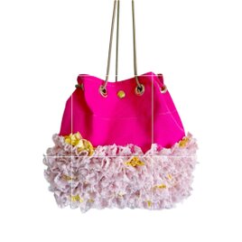 巾着 帆布 ショルダー バッグ マゼンタ ピンク 桜 フリルの画像