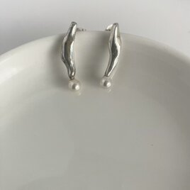 stick melt silver950 × 小粒国産みがき貝　パール　ピアス　/ 樹脂イヤリング変更可能　シルバー　フォーマルの画像