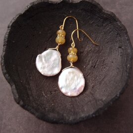 【K14gf】Yellow Opal × Petal Pearl Earrings／イエローオパール×ペタルパール ピアスの画像