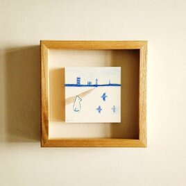 犬の絵｜原画「タワーのある町」 ※ボックス額縁入り　の画像