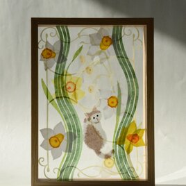 光透ける切り絵＊水仙とネコの画像