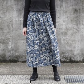 ボタニカル柄 綿麻ギャザースカート（ ネイビー ）リネン 麻 ロング マキシ ポケットの画像