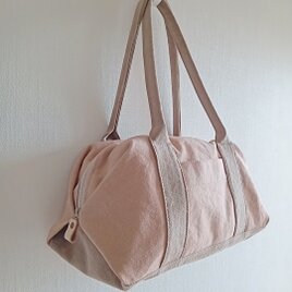 春の新作！☆ヴィンテージ加工帆布☆のキャラメルショルダーバッグ　《ピンクベージュ✕ベージュＭ》の画像