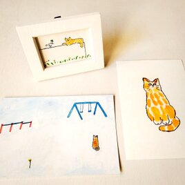茶トラ猫セット【ミニ額入り複製原画1点 ｜ポストカード2種】猫　猫の日　