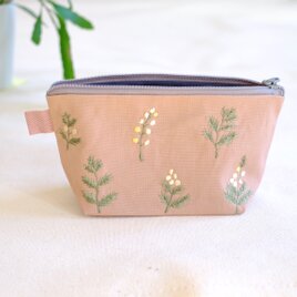 横振り刺繍のミモザポーチ/ピンクの画像