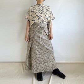 【1点もの】四角布のスカート -交織 着物地, ベージュ系幾何学模様（ヴィンテージ） SK147の画像