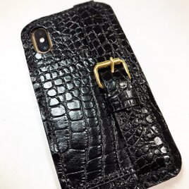 (受注作成)スマホ　カバー　クロコ型　黒の画像