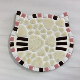 鍋敷：猫顔柄～ピンク&ブラウン&ホワイト