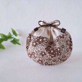 まんまる巾着　ポーチ　USAヴィンテージ　茶リーフ&フラワーの画像