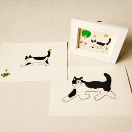ハチワレ猫セット【ミニ額入り複製原画1点 ｜ポストカード2種】ハチワレ　猫の日