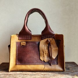 square tote　マスタード✗ダークブラウン　オイルシュリンクレザーの画像