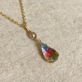 西ドイツ製ヴィンテージガラス、アイリスガラスと手巻きガラスパール（シャンパンゴールド）のシンプルなプチネックレス No.C781の画像