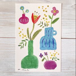ポストカード2枚セット・水彩「ミモザと花々」の画像